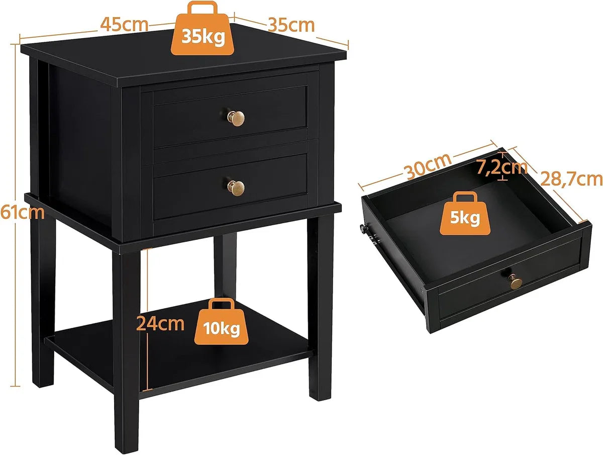 Set of 2 nightstands, night tables, with 2 drawers and shelf, side table, modern nightstand for bedroom/living room, black