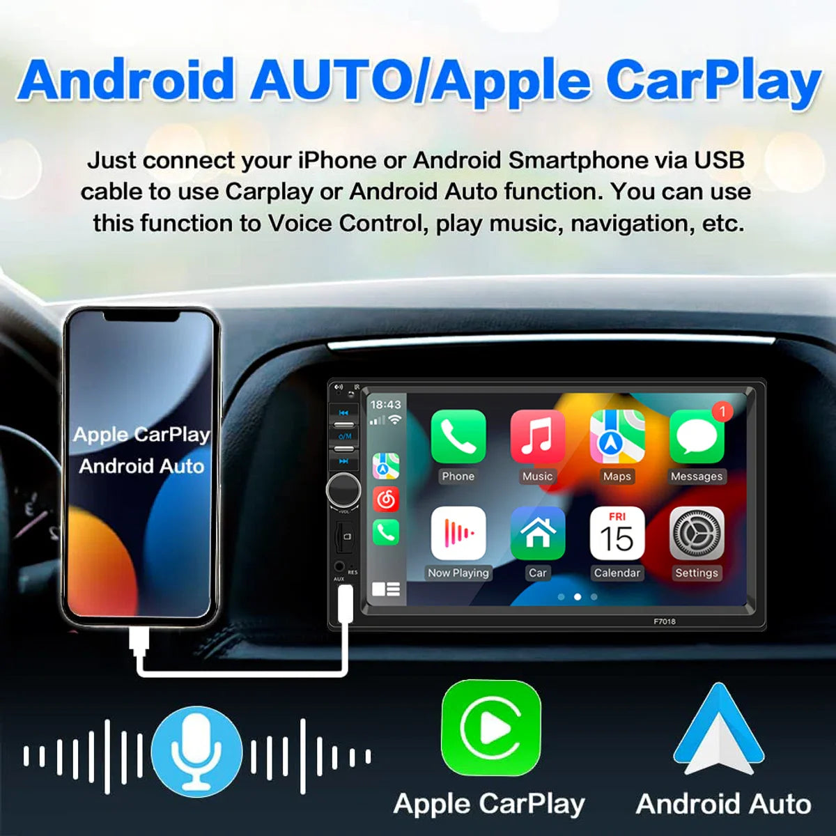 Autoradio | 7 inch Touchscreen | Apple Carplay | Android Auto | 2 DIN Universeel | Bluetooth | USB