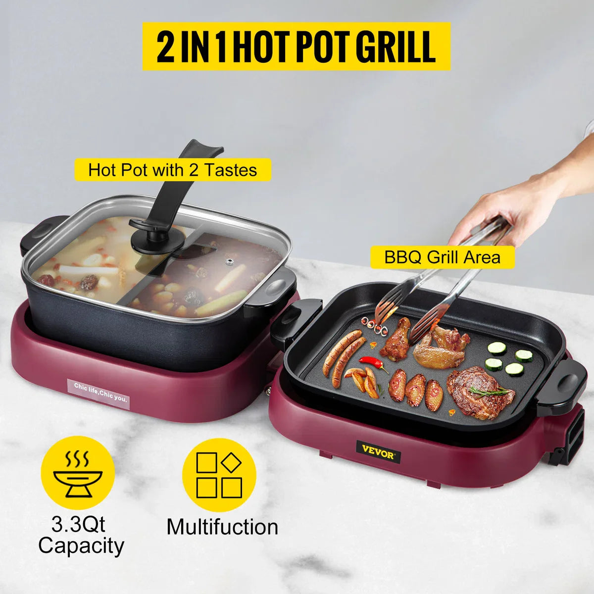 2-in-1 BBQ Grill Hete Pot 2100W Multifunctionele Elektrische Grill Hotpot 70x29x25,5 cm Grill Binnen Hotpot van Gegoten Aluminium en Gehard
