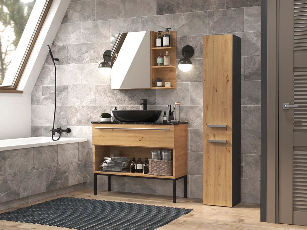 Bathroom furniture - Bathroom cabinet - Wall cabinet - Tall cabinet - High - With laundry basket - Anthracite-Oak Colour