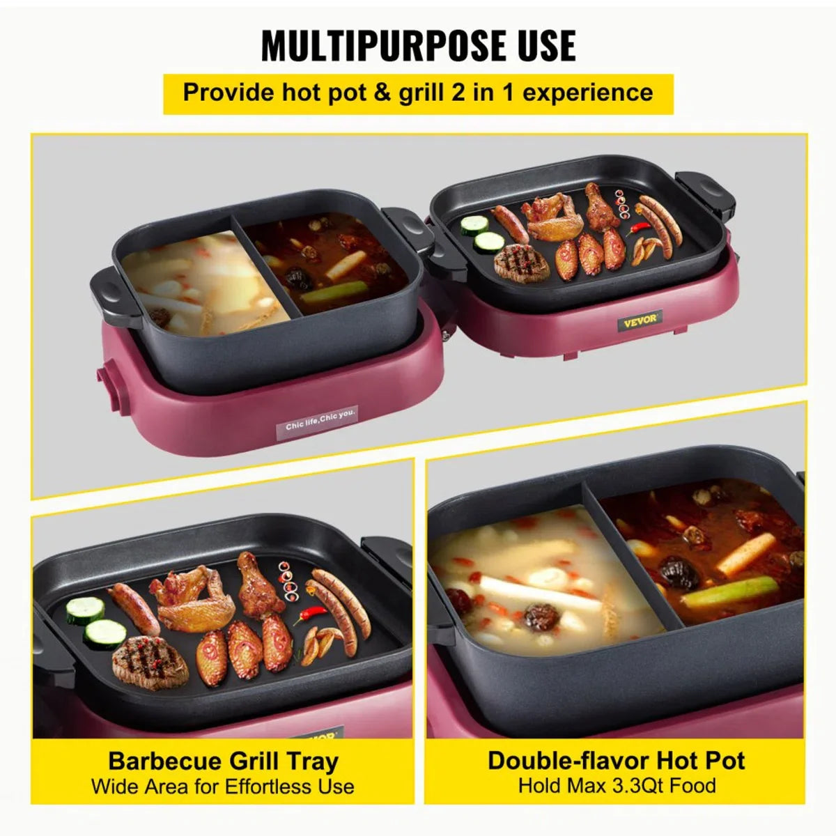 2-in-1 BBQ Grill Hete Pot 2100W Multifunctionele Elektrische Grill Hotpot 70x29x25,5 cm Grill Binnen Hotpot van Gegoten Aluminium en Gehard