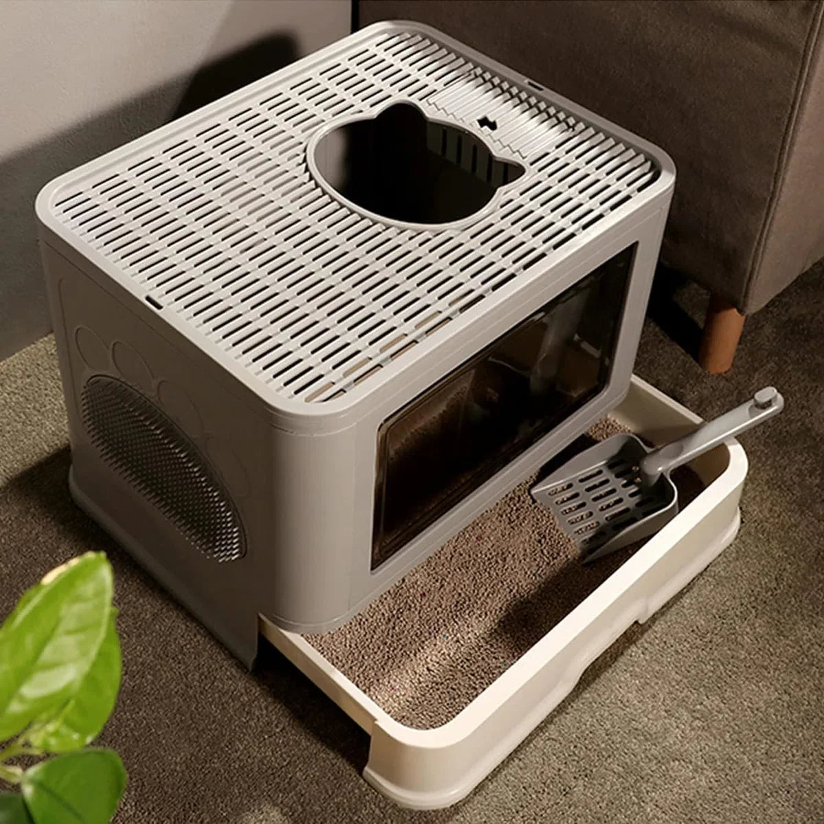 Covered Cat Litter Box - Large Opening - XXL Foldable Litter Tray - Scoop - Cat Brush - No Odor and Litter Tracking