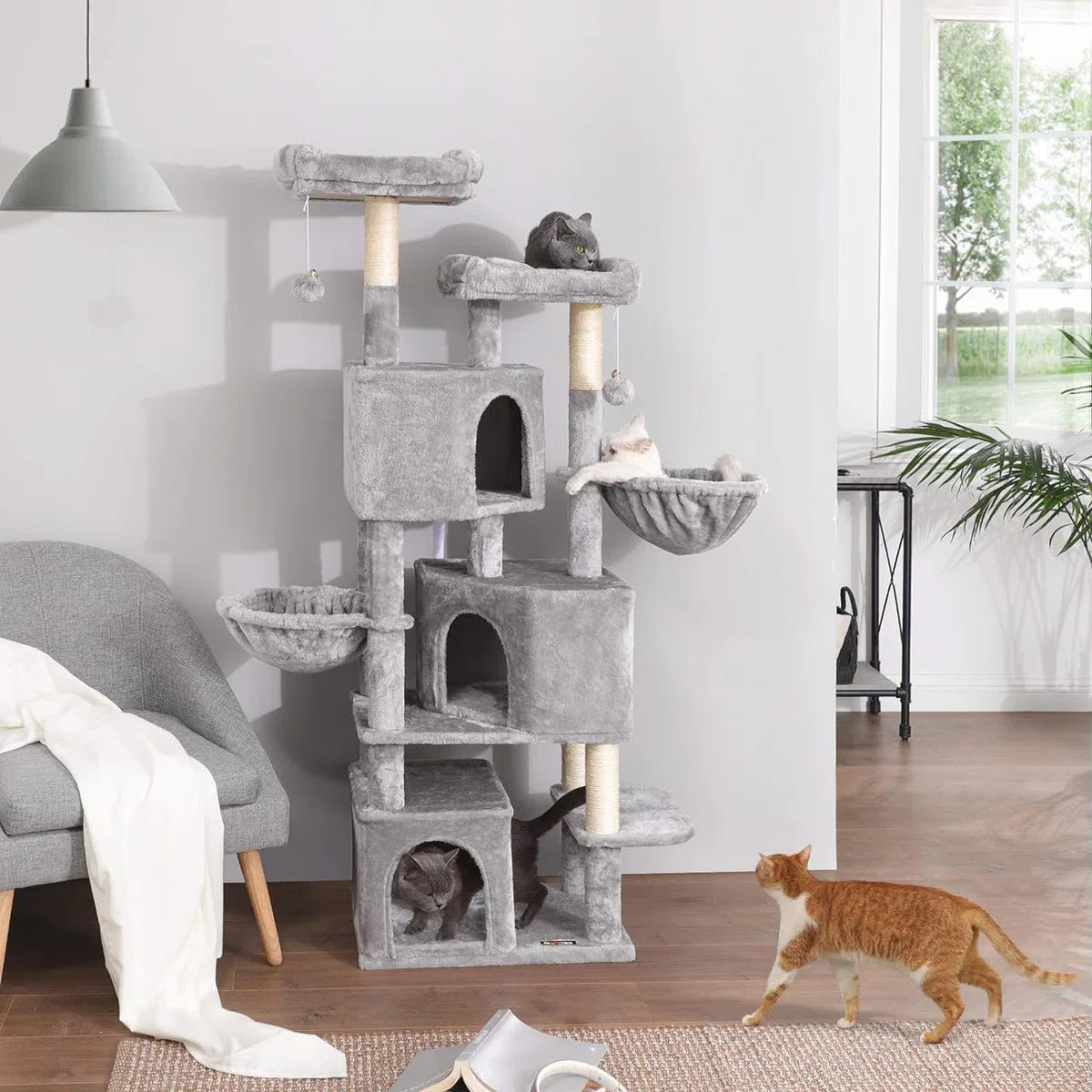 Cat tree, large, with 3 cat caves, 164 cm Cat tree, light grey PCT98W