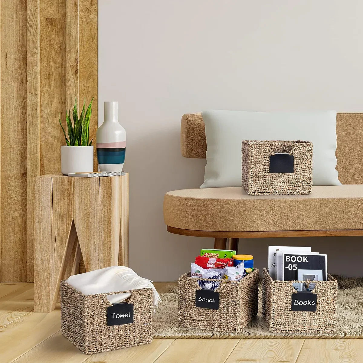 Set van 4 rechthoekige opbergmanden van zeegras, inklapbare mand, rieten mand, plankdoos, opbergdoos, natuurlijke mand, rieten manden, organizer voor badkamer, woonkamer, 26,5 x 24 x 19 cm.