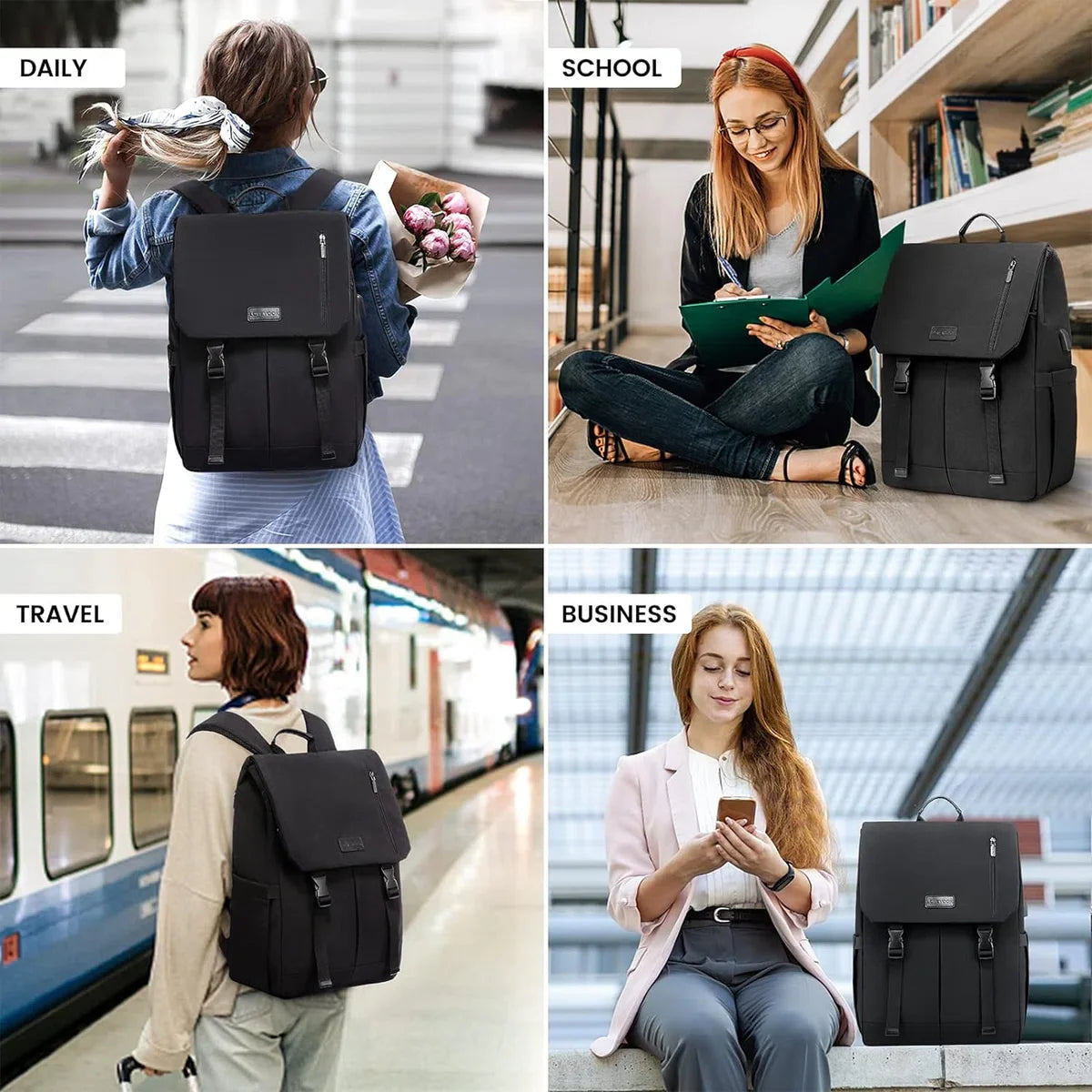 Laptop backpack 17.3 inch - Black - USB charging port - 32 x 15.5 x 47 - Backpack with 5 compartments - Work, school, office - Water-resistant
