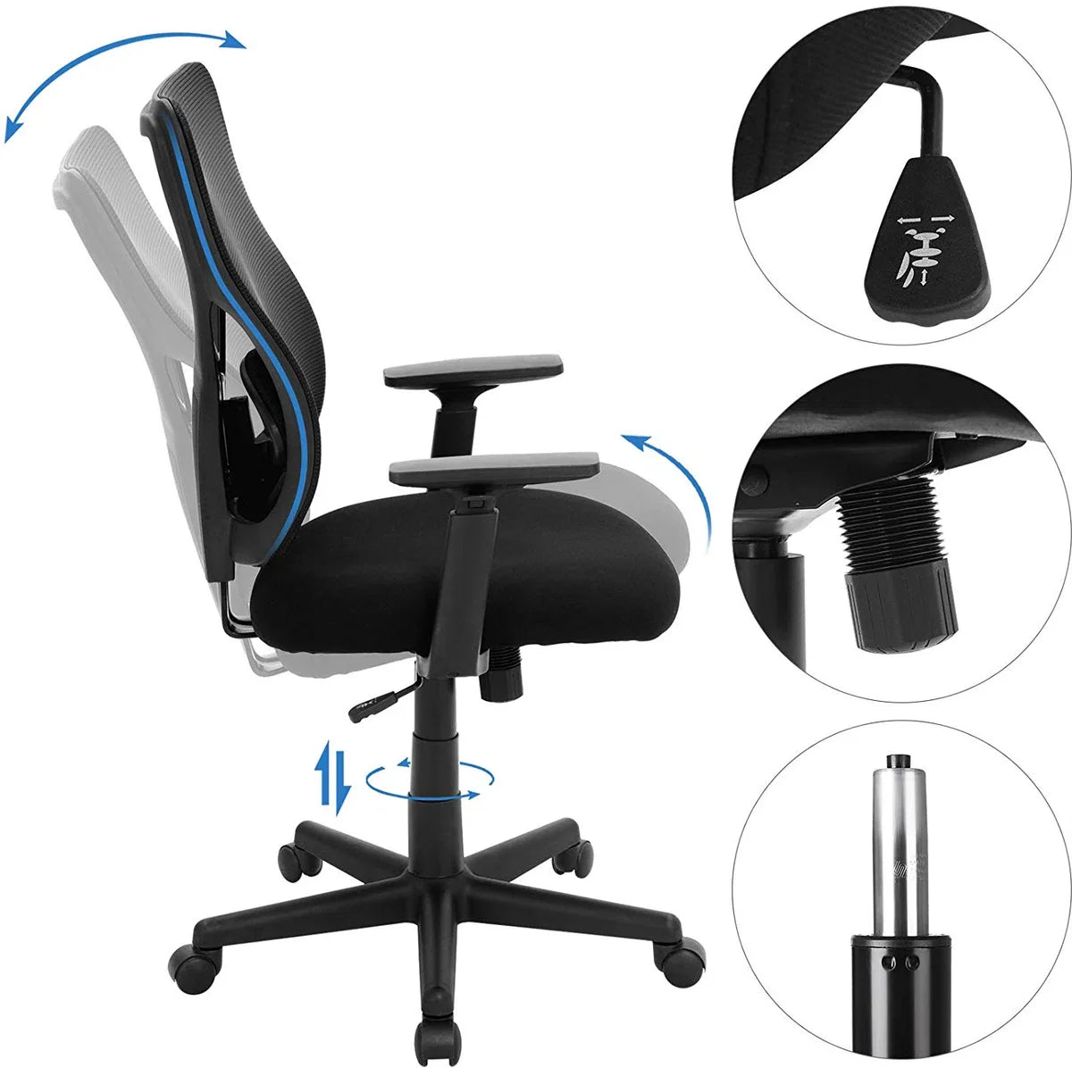 Acaza Office Chair for Adults - Office Chair with Wheels - Ergonomic Gaming Chair - Adjustable Armrests and Backrests - Black