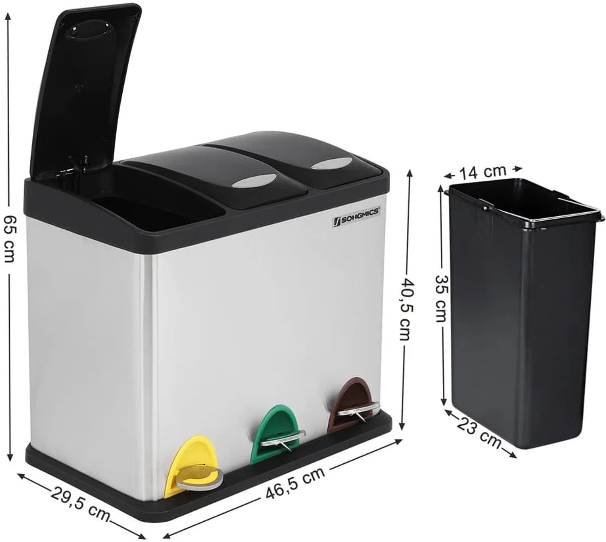 Songmics Prullenbak 24L - Afvalscheiden Prullenbak - Pedaalemmer Roestvrij Staal - 3 x 8 Liter Afvalbak