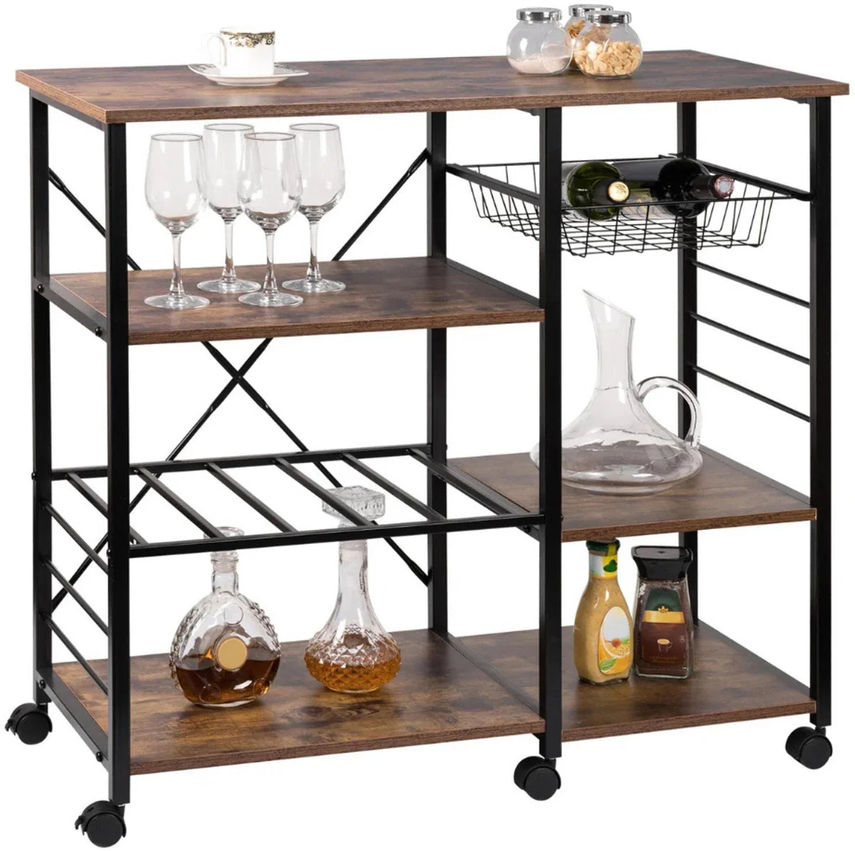 Keukeneiland - Keuken Eiland - Kookeiland Verplaatsbaar - Keukenblok Met Werkblad - Keukeneiland/bartafel - Magnetron Kast - Op Wielen - Tafel - 83x48x90 Cm - Bruin