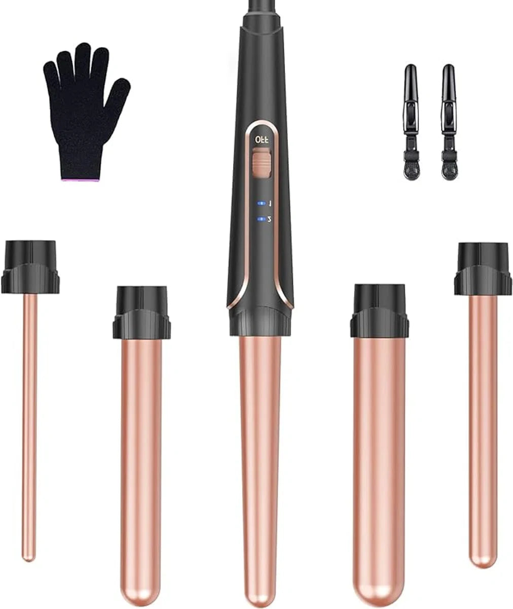 5-in-1 Krultang Set met Verschillende Opzetstukken - Voor Grote en Kleine Krullen, Keramische Krultang, Inclusief Handschoen en Clips - Roségoud