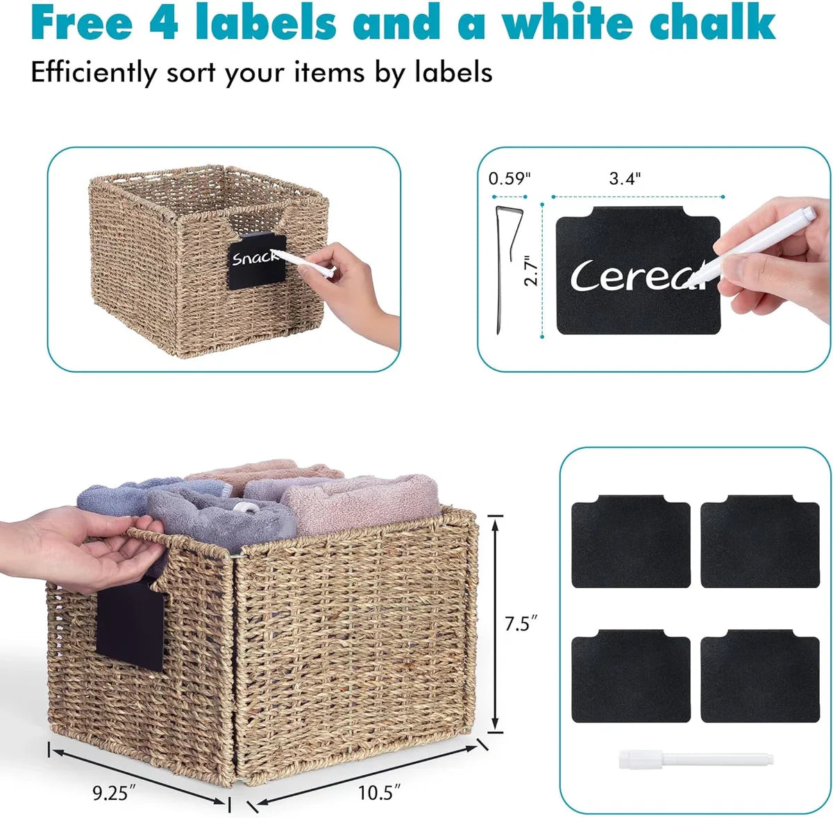 Set van 4 rechthoekige opbergmanden van zeegras, inklapbare mand, rieten mand, plankdoos, opbergdoos, natuurlijke mand, rieten manden, organizer voor badkamer, woonkamer, 26,5 x 24 x 19 cm.