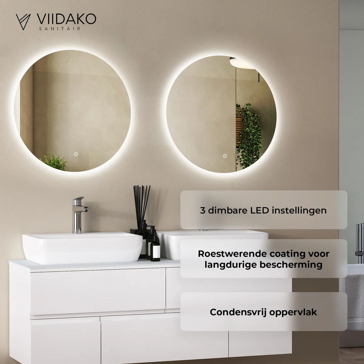 Viidako LED Spiegel - Condensvrij – dimbaar - 3 LED standen – Hip design – Krasbestendig – Duurzame kwaliteit – Eenvoudige Installatie