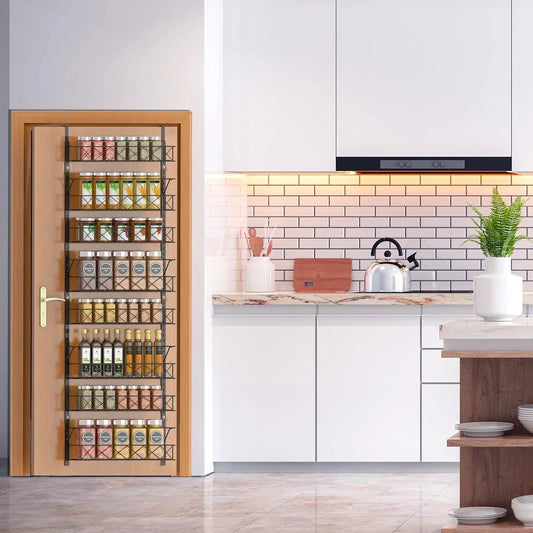 Hanging organizer met 8 etages, metalen hangorganizer, deurrek met verstelbare manden en 2 haken, multifunctioneel hangrek voor badkamer, keuken, eetkamer, kast, zwart