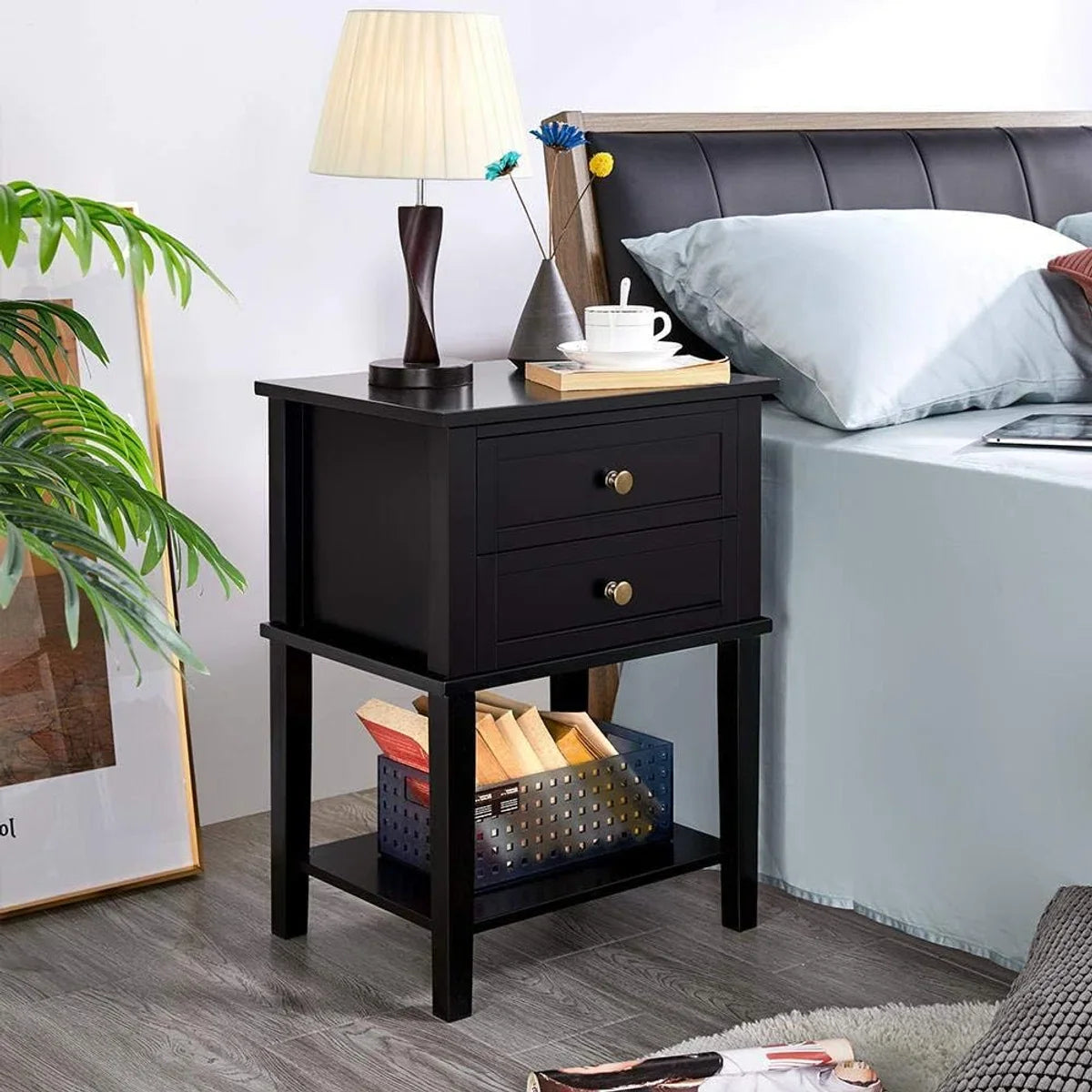 Set of 2 nightstands, night tables, with 2 drawers and shelf, side table, modern nightstand for bedroom/living room, black