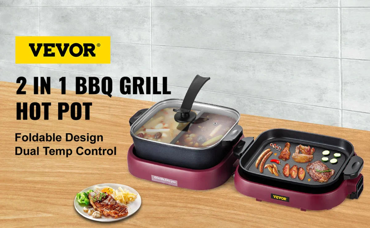 2-in-1 BBQ Grill Hete Pot 2100W Multifunctionele Elektrische Grill Hotpot 70x29x25,5 cm Grill Binnen Hotpot van Gegoten Aluminium en Gehard