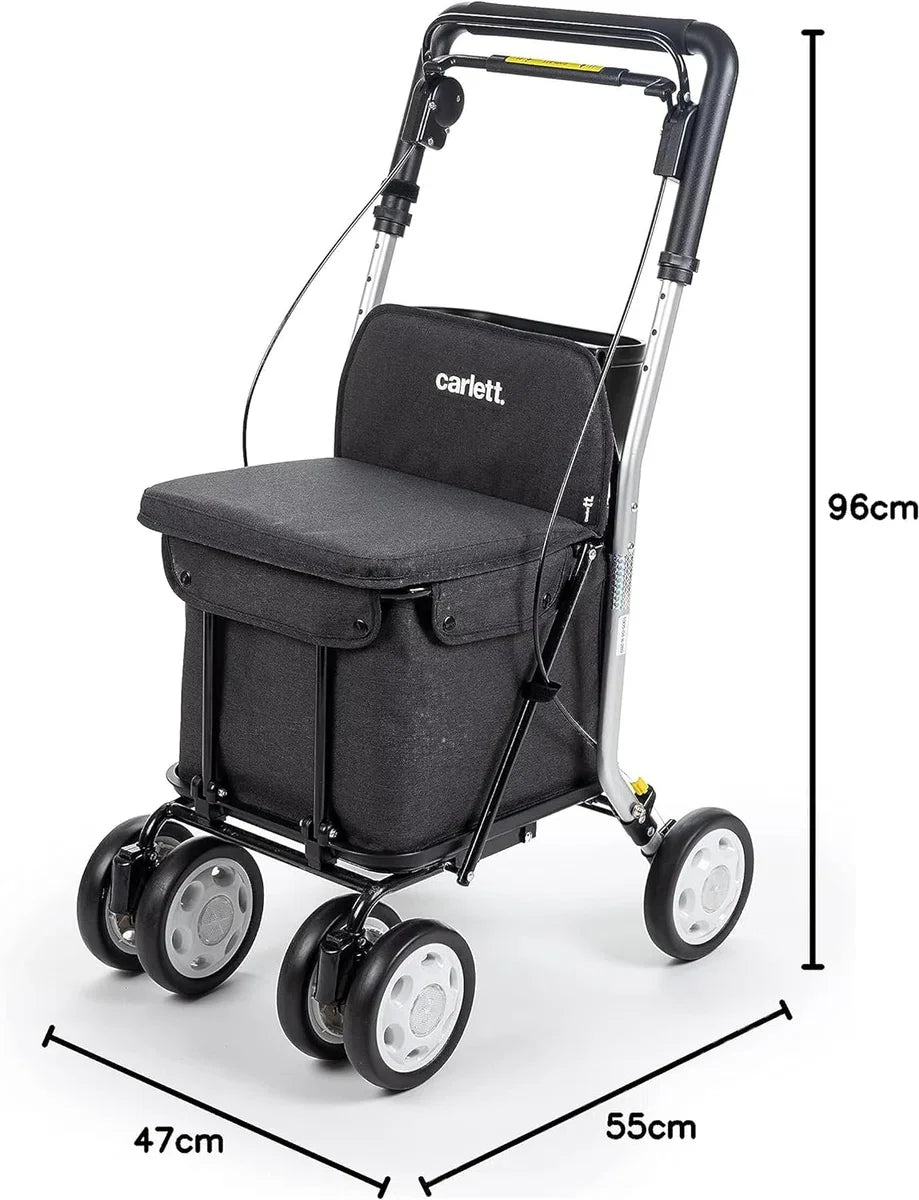 Shopping trolley-rollator with seat, foldable supermarket trolley with 4 wheels with detachable bag 29 l/15 kg and drawer for personal items, Lett800 Senior Comfort, black