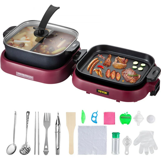 2-in-1 BBQ Grill Hete Pot 2100W Multifunctionele Elektrische Grill Hotpot 70x29x25,5 cm Grill Binnen Hotpot van Gegoten Aluminium en Gehard