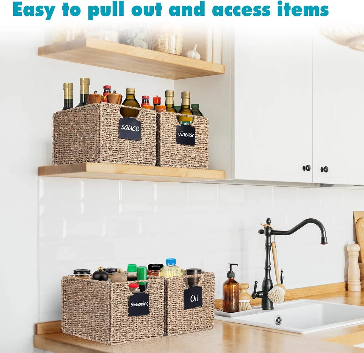 Set van 4 rechthoekige opbergmanden van zeegras, inklapbare mand, rieten mand, plankdoos, opbergdoos, natuurlijke mand, rieten manden, organizer voor badkamer, woonkamer, 26,5 x 24 x 19 cm.