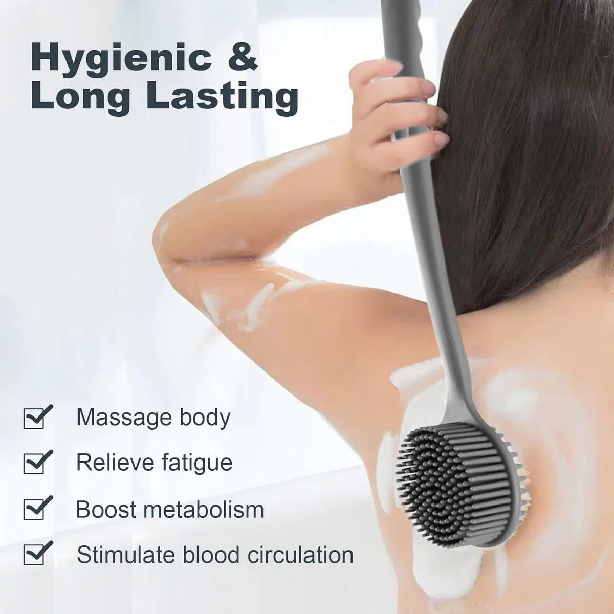 Siliconen lichaamsborstel, dubbelzijdige rugwasser voor onder de douche, doucheborstel, lange steel voor mannen en vrouwen, badborstel, doucheborstel voor diepe reiniging, badwasser exfoliërende massage