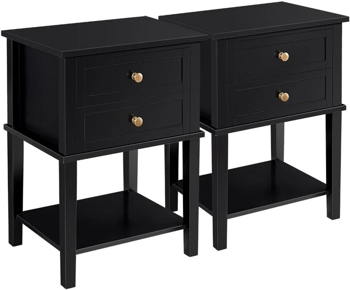 Set of 2 nightstands, night tables, with 2 drawers and shelf, side table, modern nightstand for bedroom/living room, black