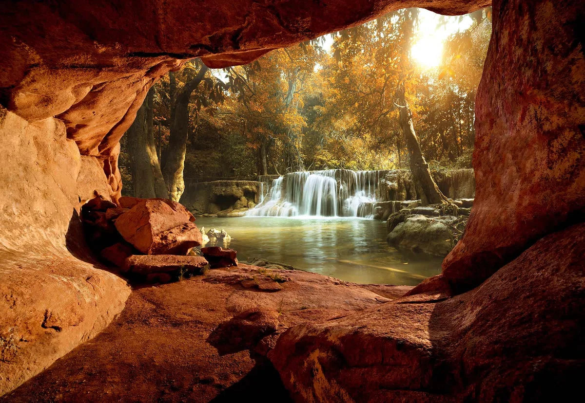 Fotobehang - Vliesbehang - 3D Uitzicht op de Waterval in het Bos vanuit de Grot - 368 x 254 cm