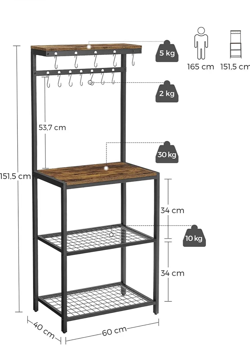 VASAGLE KKS021B01 Keukenrek met planken, magnetronrek met 12 haken en metalen frame, industrieel design, voor magnetron, kookgerei, 60 x 40 x 151,5 cm, vintage bruin/zwart