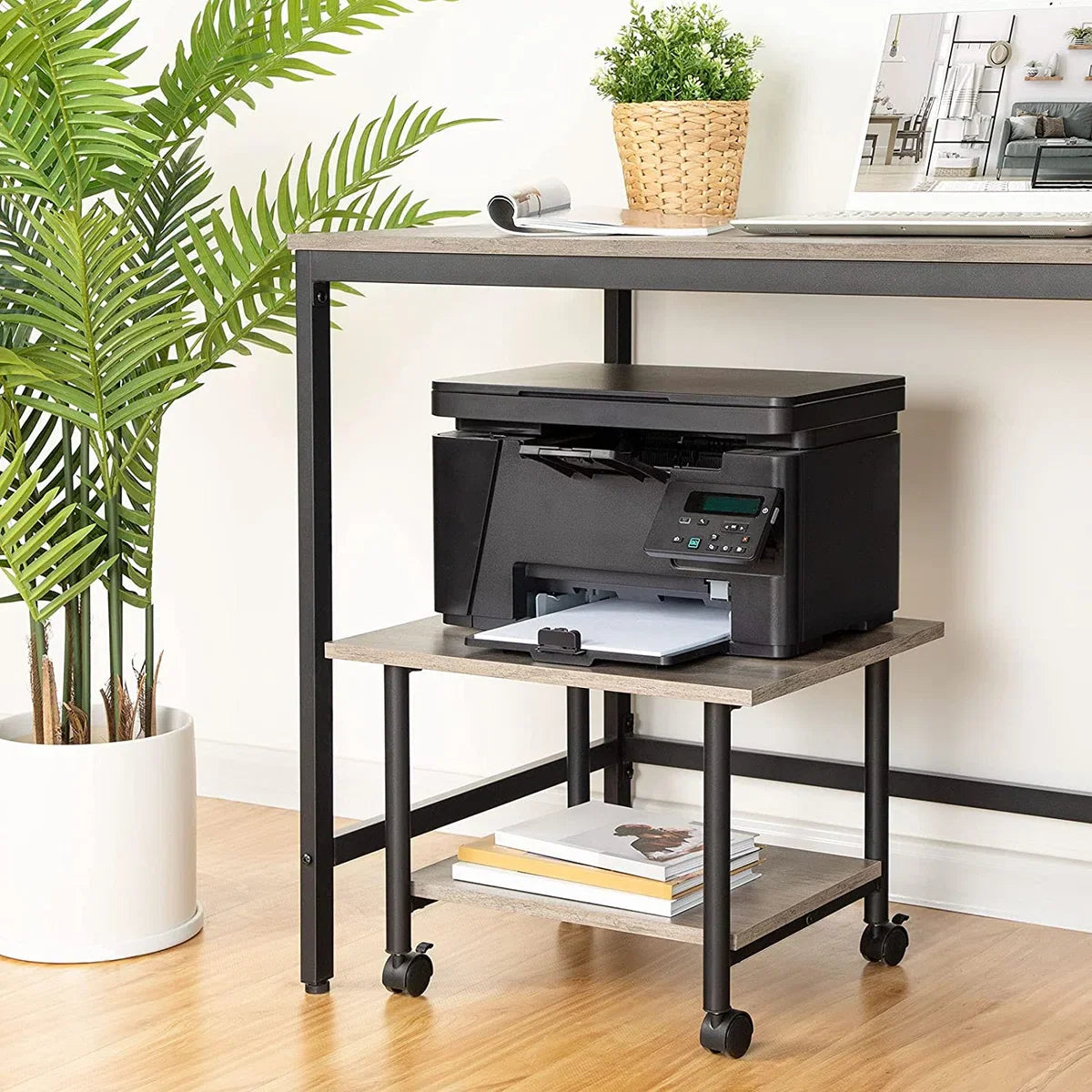 Printer Table on Lockable Wheels - Desk Organizer - Printer Cabinet or Printer Cart - Printer Stand - Office Cabinet - Industrial Printer Desk - 48.5 x 40 x 36.5 cm - Grey and Black