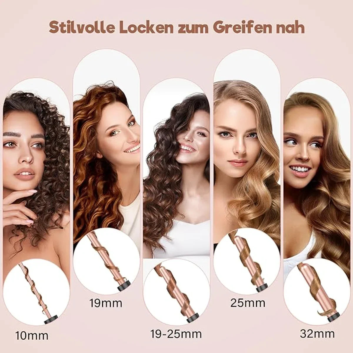 5-in-1 Krultang Set met Verschillende Opzetstukken - Voor Grote en Kleine Krullen, Keramische Krultang, Inclusief Handschoen en Clips - Roségoud