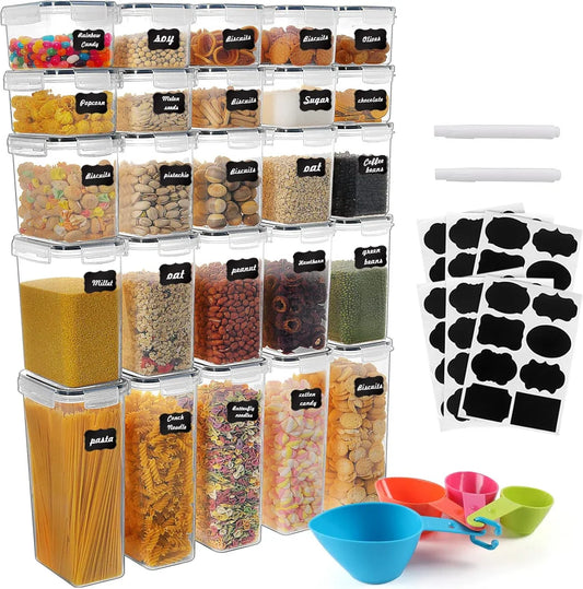 Opbergpotten met deksel, luchtdicht, set van 25, BPA-vrij, totale inhoud 39 L, voorraadbus, keuken, motdichte keukenorganizer, cornflakes, muesli, meelopslag, voorraaddoos met etiketten