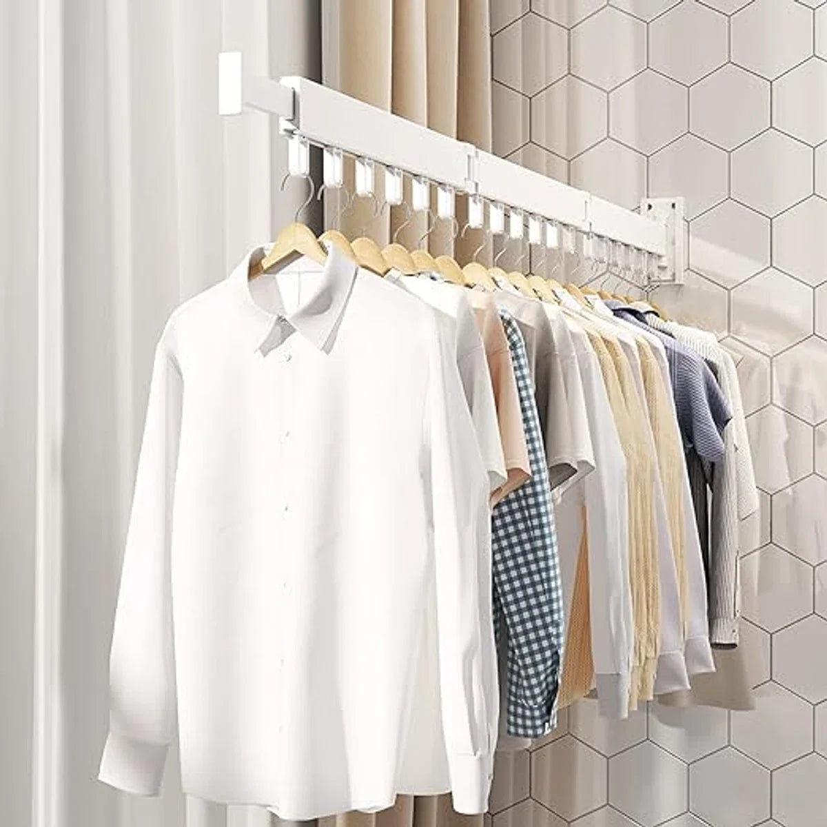 wall mounted drying rack, laundry drying rack, space-saving retractable clothes hanger rack, foldable clothes rack for balcony, laundry room, bathroom, patio (white)