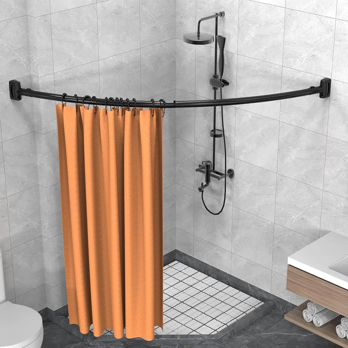 Gebogen douchegordijnroede met 12 ringen - Stevige hoekstang douchegordijn zonder plafondbeugel - Roestvrije douchegordijnroede voor in de hoek - 100-200 cm - Uitschuifbare douchegordijnroede bad & douche Zwart