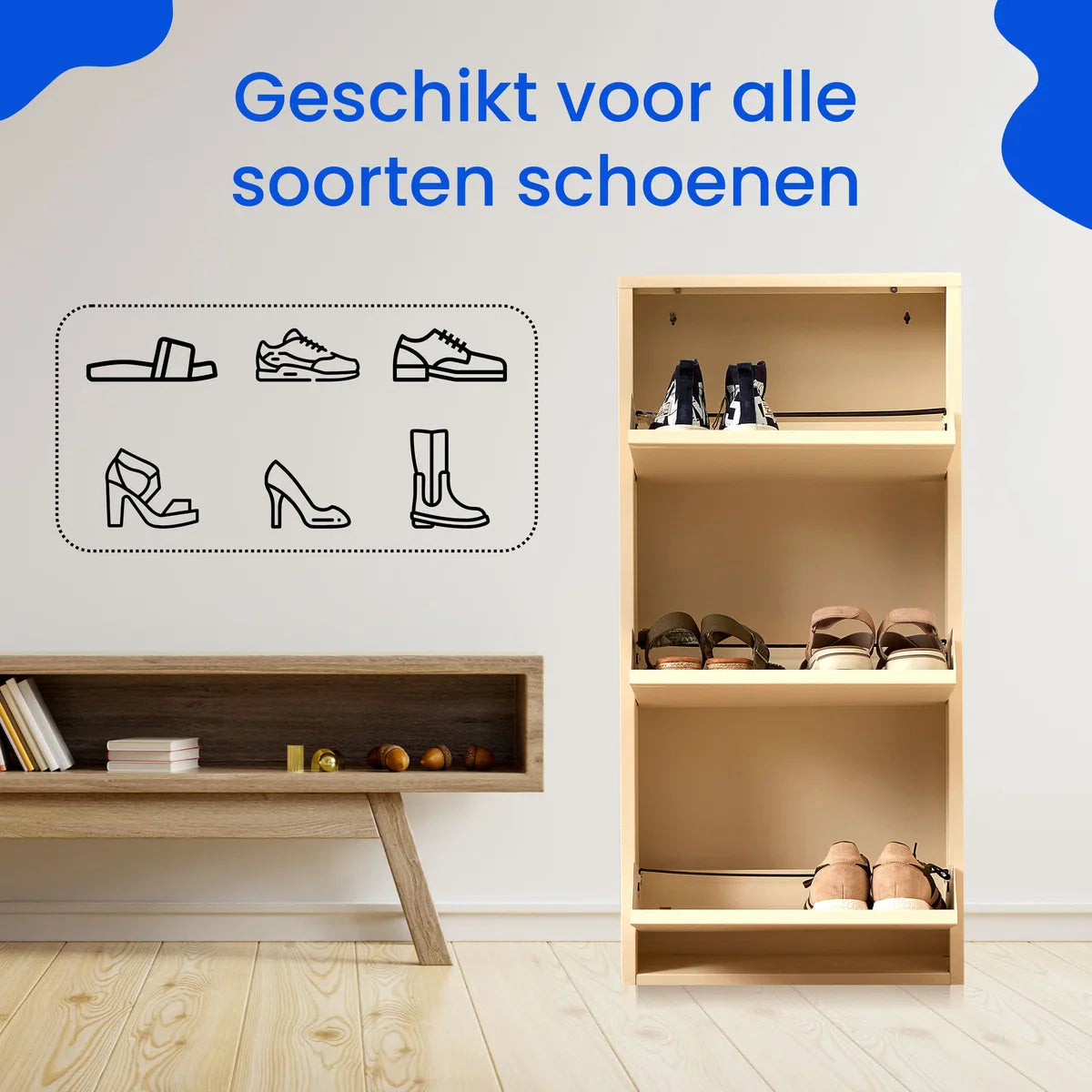 VEEHAUSÂ® - Kelley - Praktisch Schoenenrek - Schoenenrek Ooster Wit - Schoenenrek met 3 Niveaus - Schoenenkast Ooster Wit - Schoenenrek metaal industrieel - Metaal - 50 x 104 x 15cm - Ooster Wit