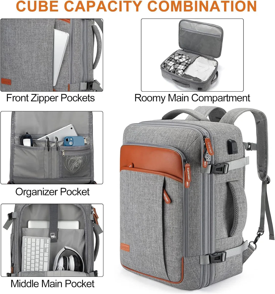 Carry-on Rugzak, Extra Grote 40L Vlucht Goedgekeurde Reisrugzak voor Mannen Vrouwen Uitbreidbare Grote Koffer Rugzak met 4 Verpakkingskubussen, Waterbestendige Bagage, Grijs (rugzak met 3)