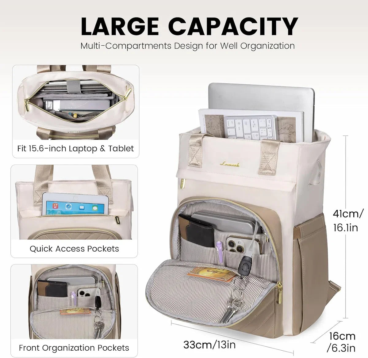 Laptoptas 15,6 inch - Beige/bruin - USB oplaadpoort - Laptop rugzak - 33 x 16 x 41 cm - Waterbestendig - Laptoprugtas 15,6 inch - Antidiefstalvak - Handtas met gouden details