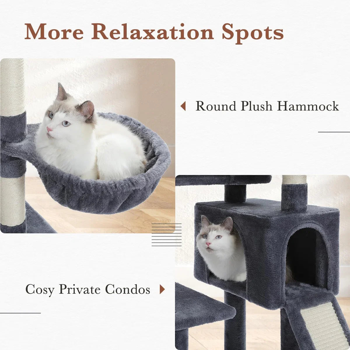 Way Cat Scratching Post, 154 cm Cat Tree with Two Condos, Spacious Perch, Cozy Basket, and Sisal-Covered Scratching Posts for Indoor Cats, Dark Grey.