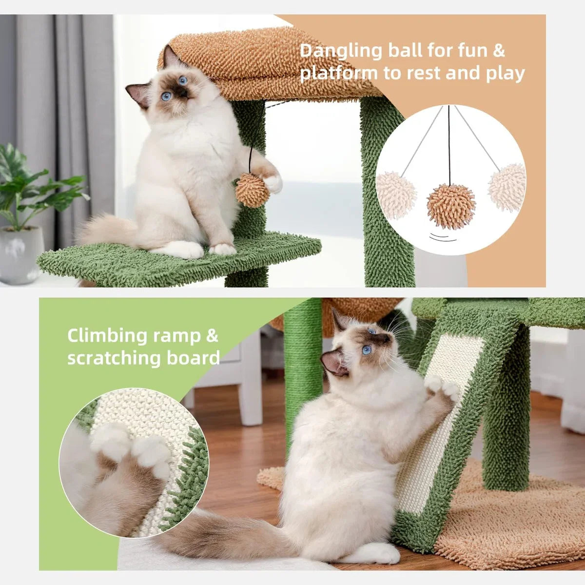 Cat Scratching Post 104 cm Modern Cactus Plush Cat Scratcher for Adult Cats with Larger Cave, Removable Top Bed, Dangling Ball, Sisal Rope, Green.