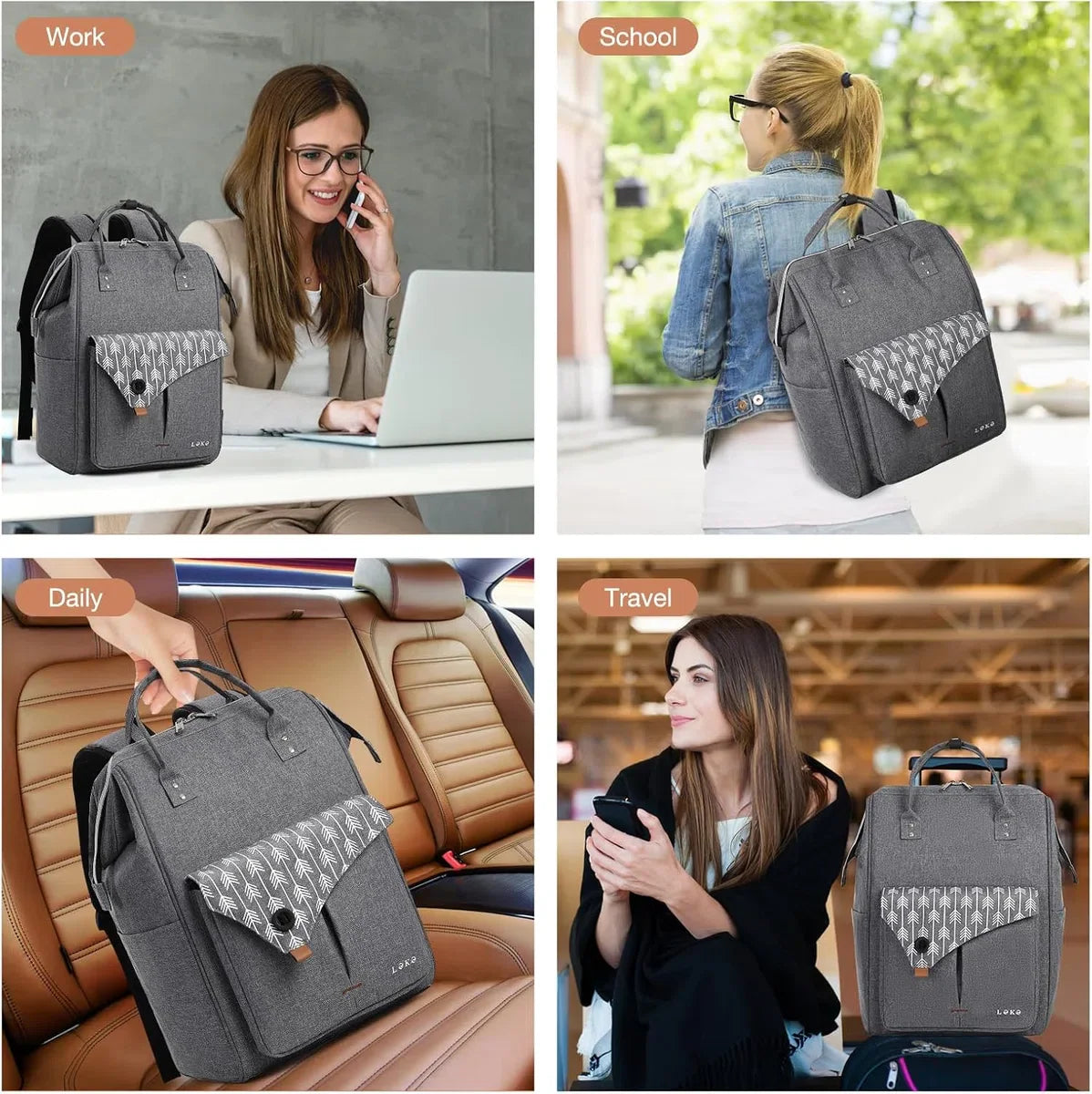 Damesrugzak, laptoprugzak 15.6 inch, grote, lichte rugzak met datakabelvak voor werk, reizen, school, zakelijk, leraren, rugzakken, grijs