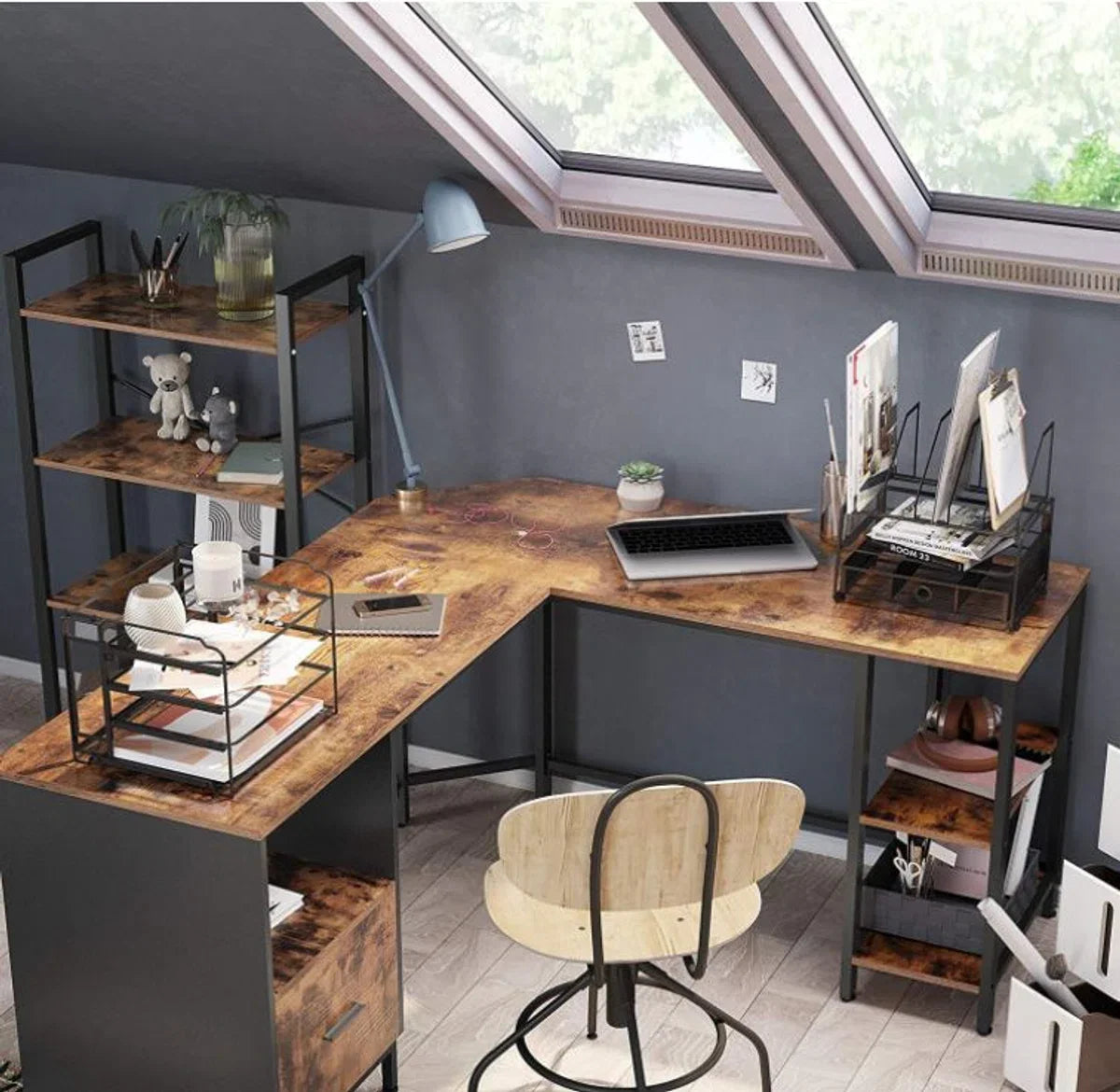 MIRA Home Hoekbureau - L-vormig werkblad - Multifunctioneel - Industrieel - Vintage - 137x150x75