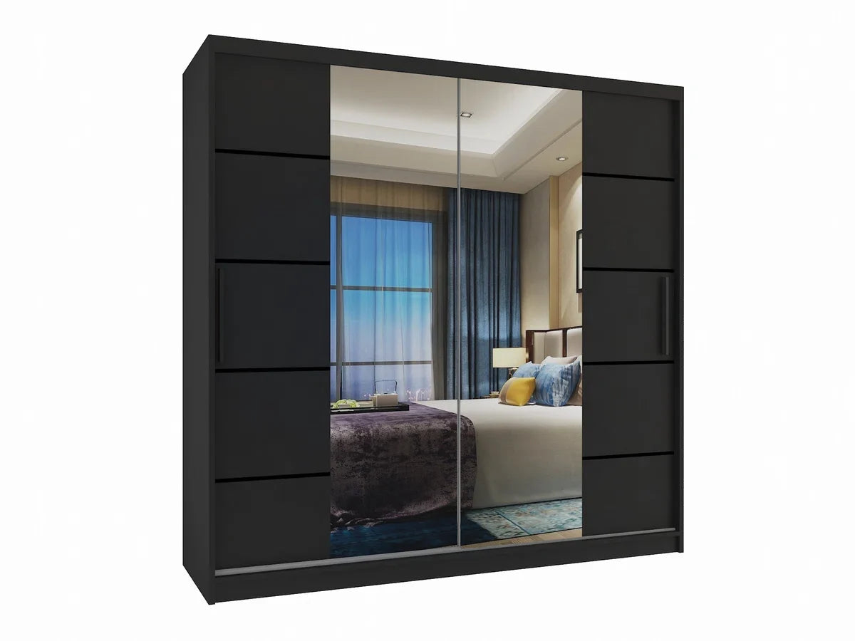 Modern Black Wardrobe - Mirror and 2 Drawers - Ample Storage - 216 x 200 x 60 cm