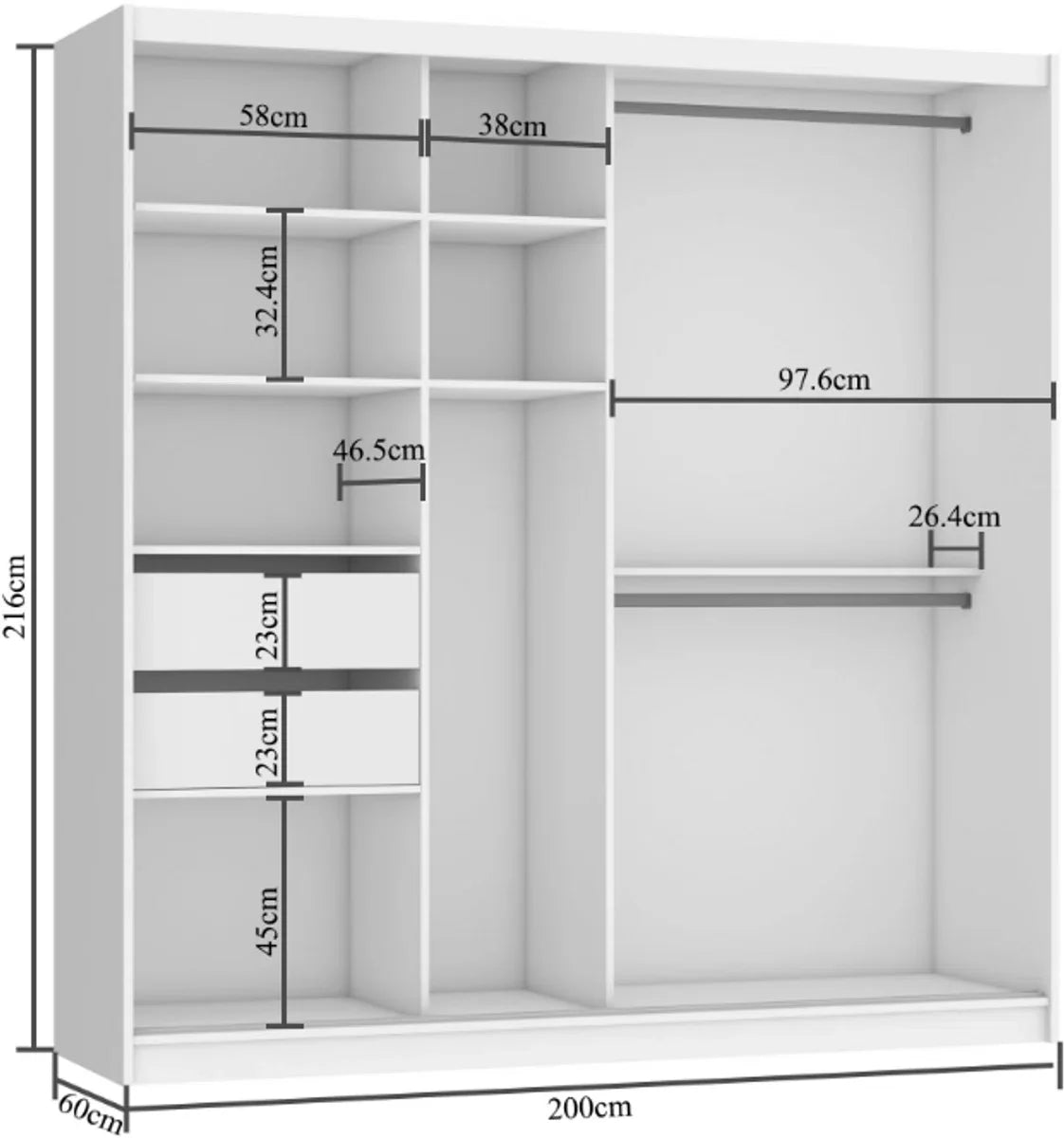 Modern Black Wardrobe - Mirror and 2 Drawers - Ample Storage - 216 x 200 x 60 cm