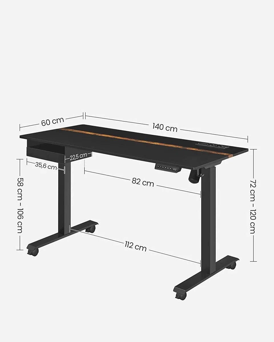Height-Adjustable Desk - Electric Desk - With Power Outlets - Steplessly Adjustable - 60 x 140 cm - Black
