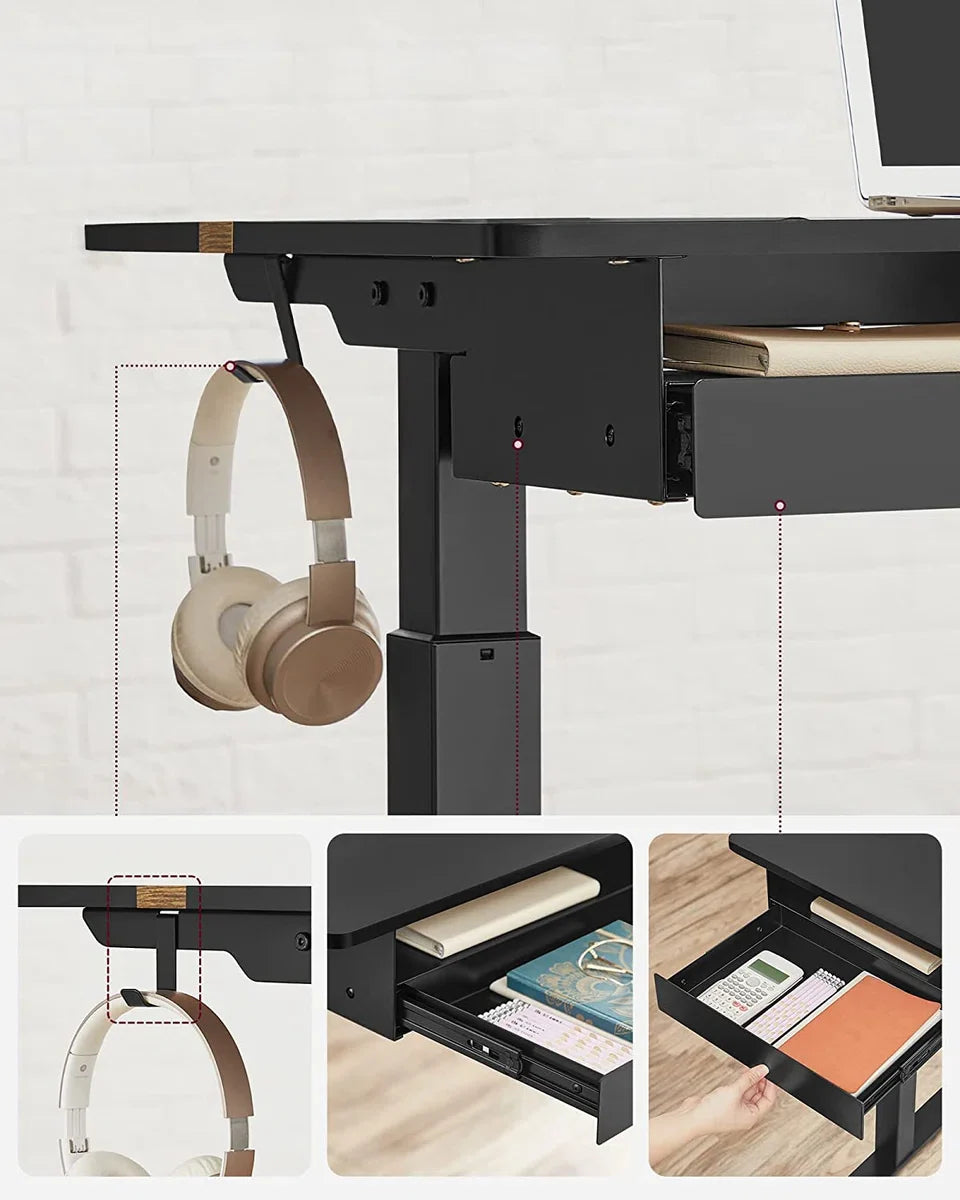 Height-Adjustable Desk - Electric Desk - With Power Outlets - Steplessly Adjustable - 60 x 140 cm - Black