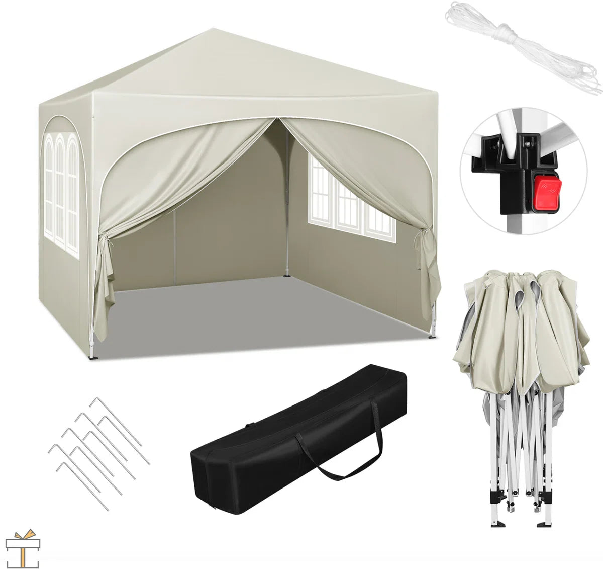 Happyment Luxe Partytent met zijwanden - Beige - Opvouwbaar - Easy up - Paviljoen - Waterdicht weerbestendig - 3x3 m