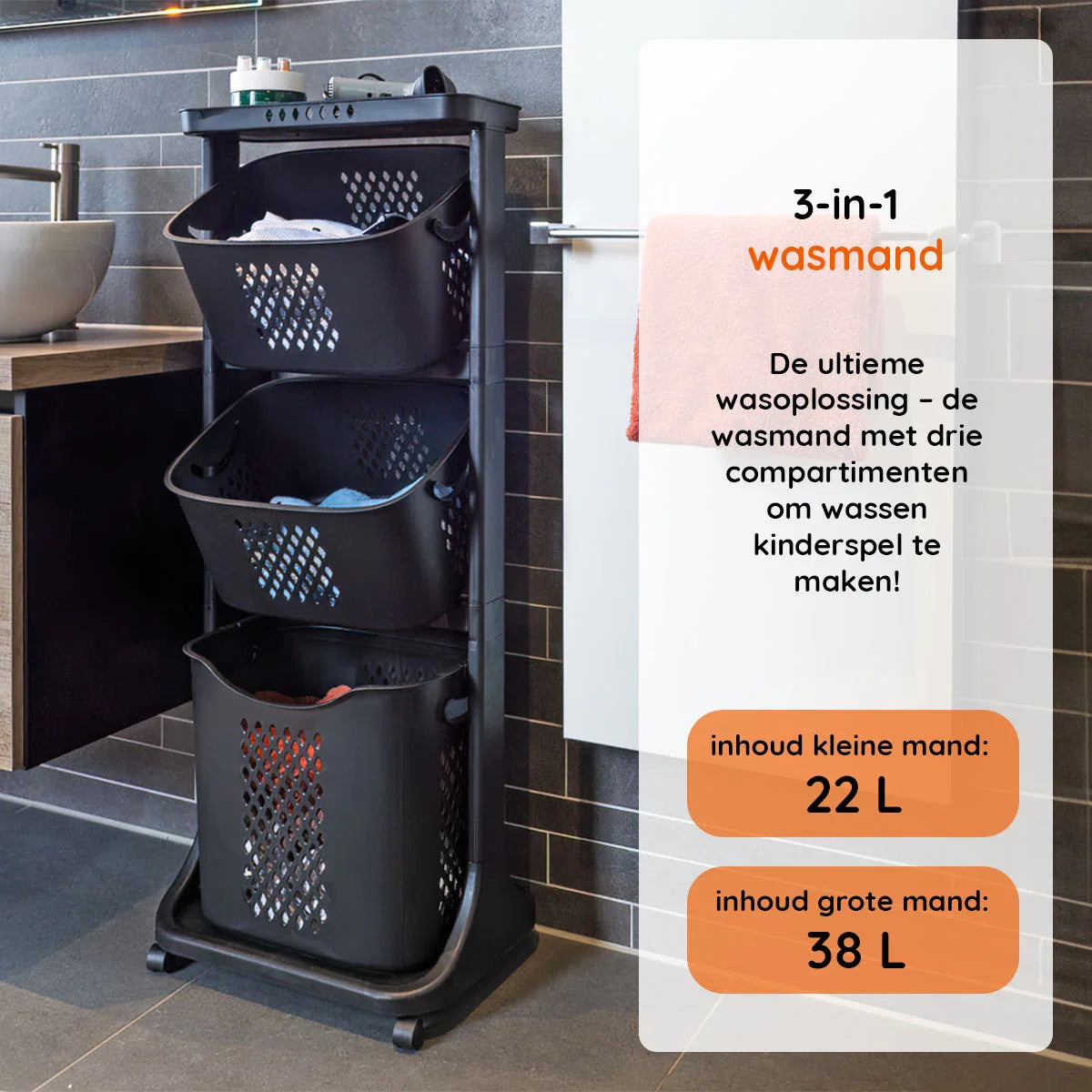 3-in-1 wasmand – Inhoud Grote Mand 38 L - Inhoud Kleine Mand 22 L – Wasbox organizer – Wassorteerder met 3 vakken – Kunststof – Zwart