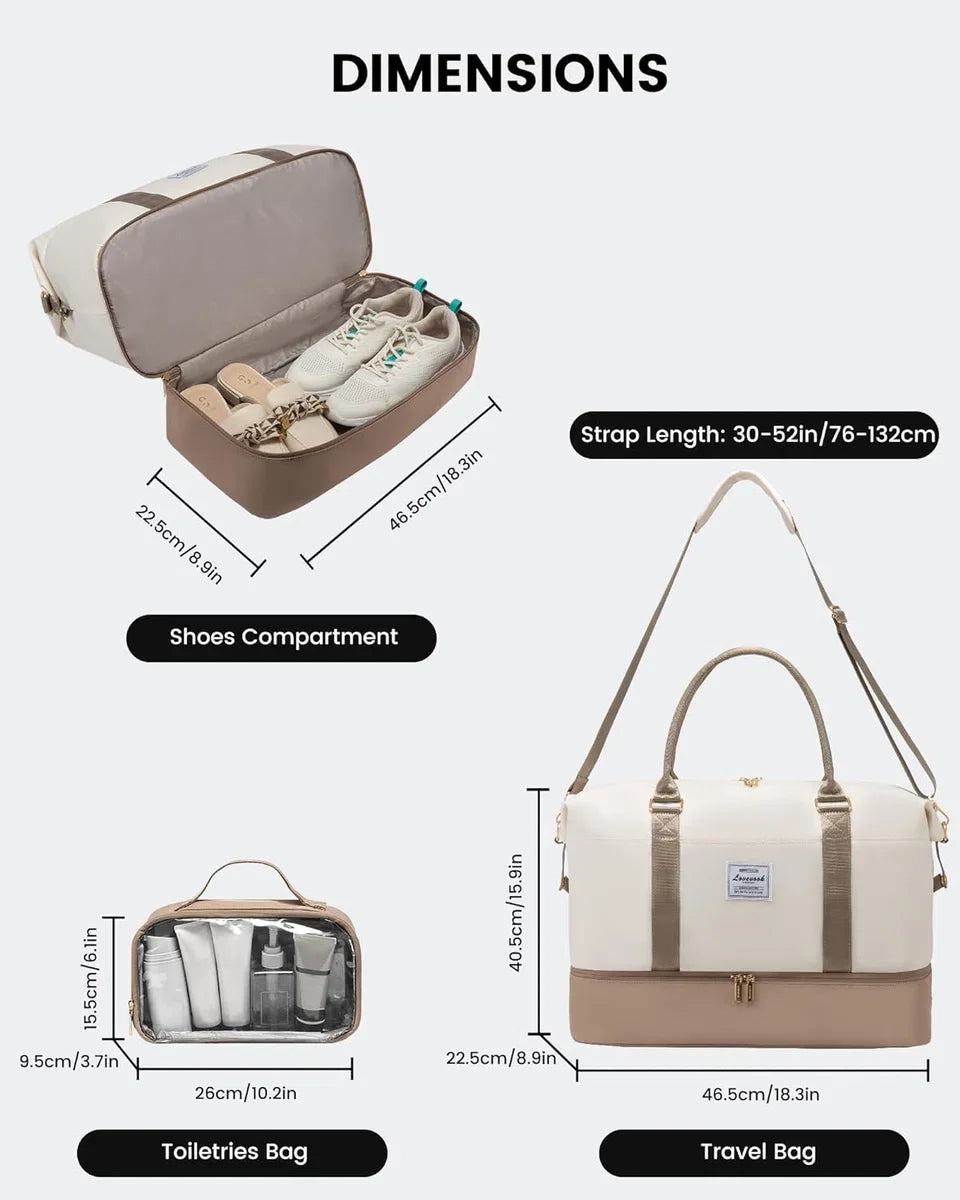 Women's Travel Bag 2 Piece - Beige/Brown - Large Weekend Bag with Toiletry Bag - Carry-on Bag, Sports Bag, Shoulder Bag - 46 x 22 x 41 cm - Handbag with Shoulder Strap - Gold Details - Water Resistant - Shoe Compartment - 2-Piece Travel Set