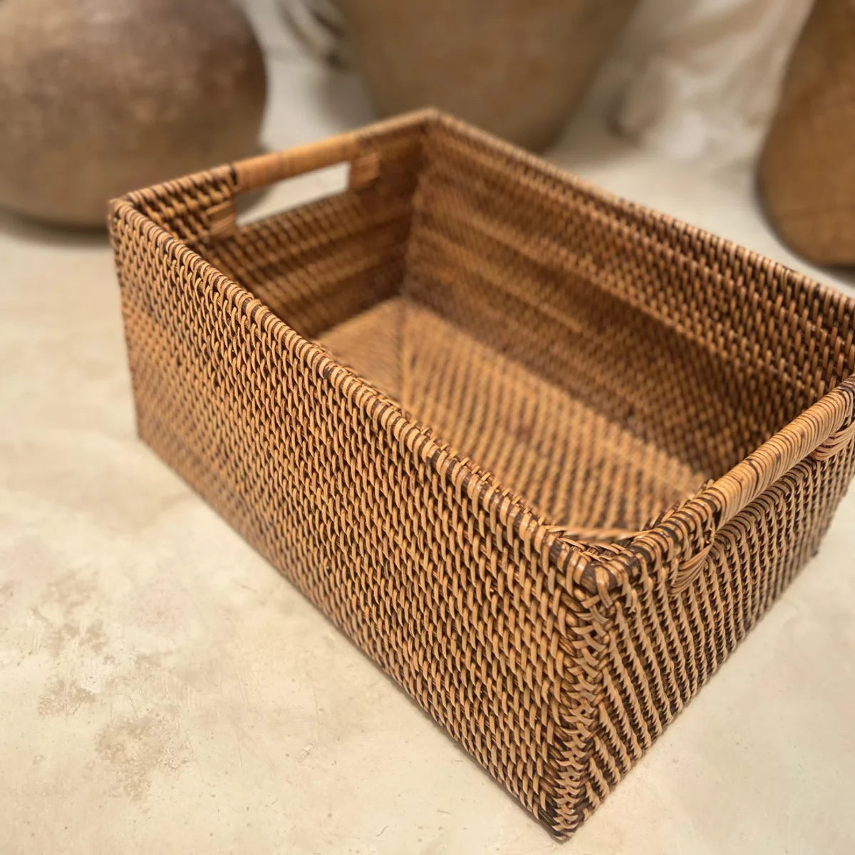 Dark rattan storage basket - storage box - 35 cm x 25 cm x 16 cm