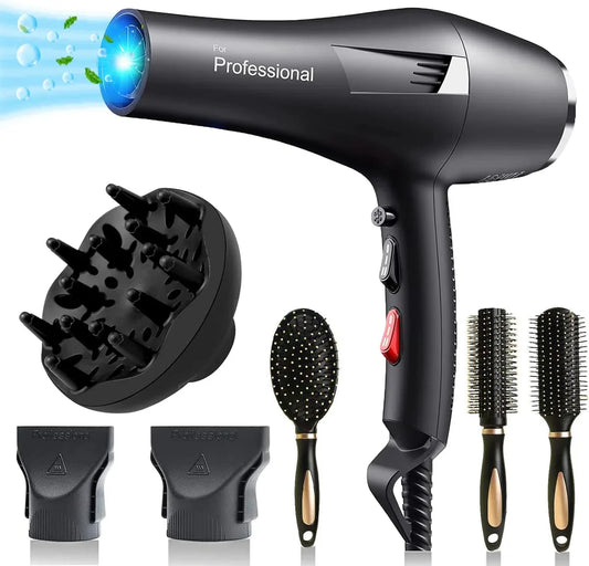 Professional Hair Dryer with AC Motor - Incl. 3 Hair Brushes & 2 Nozzles - Hair Dryer with Diffuser - Quick Drying - 2400W
