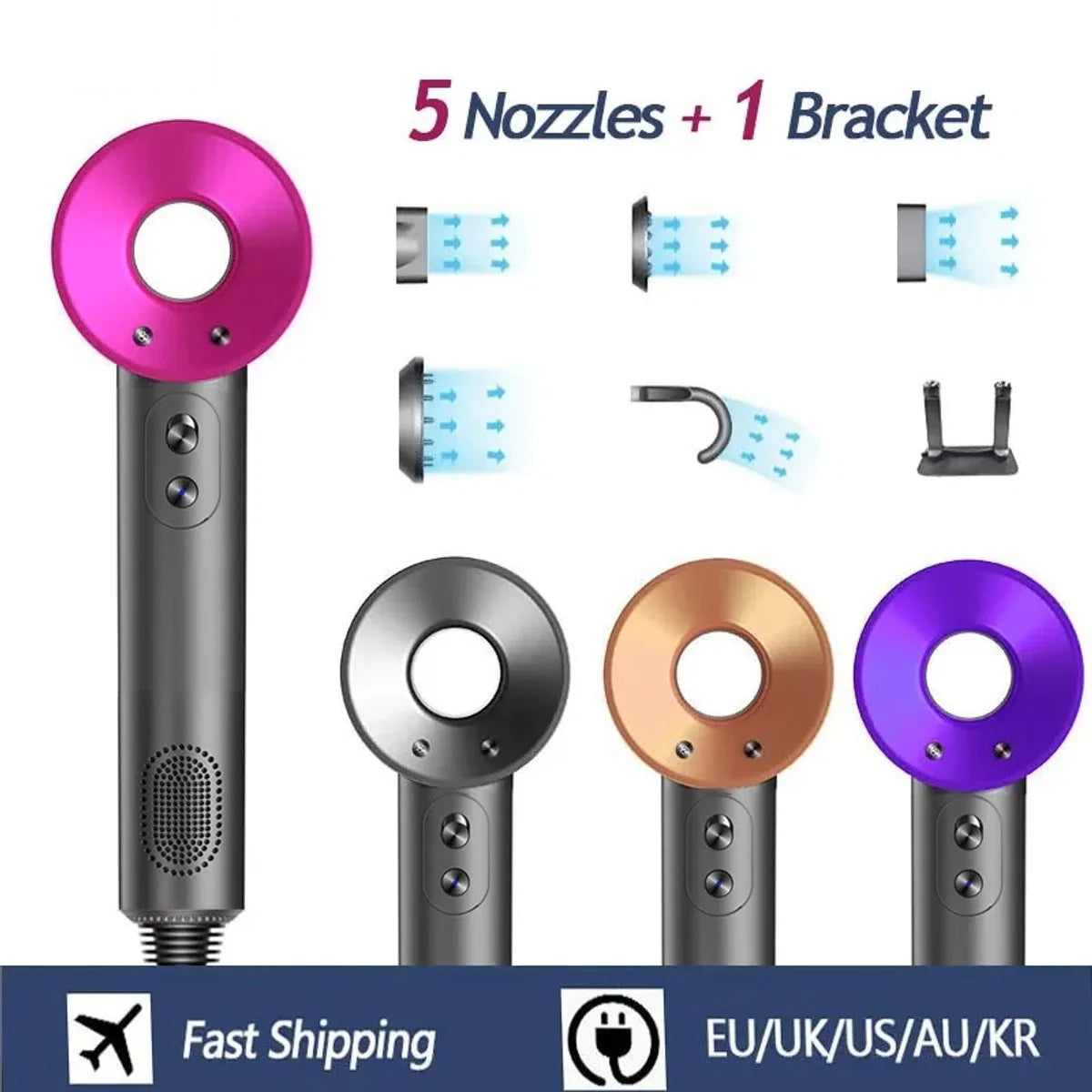 Föhn met Diffuser - Ionische Haardroger - Professionele Haardroger - Rijk uitgerust - Inclusief 6 accessoires - 3 Standen - Goud