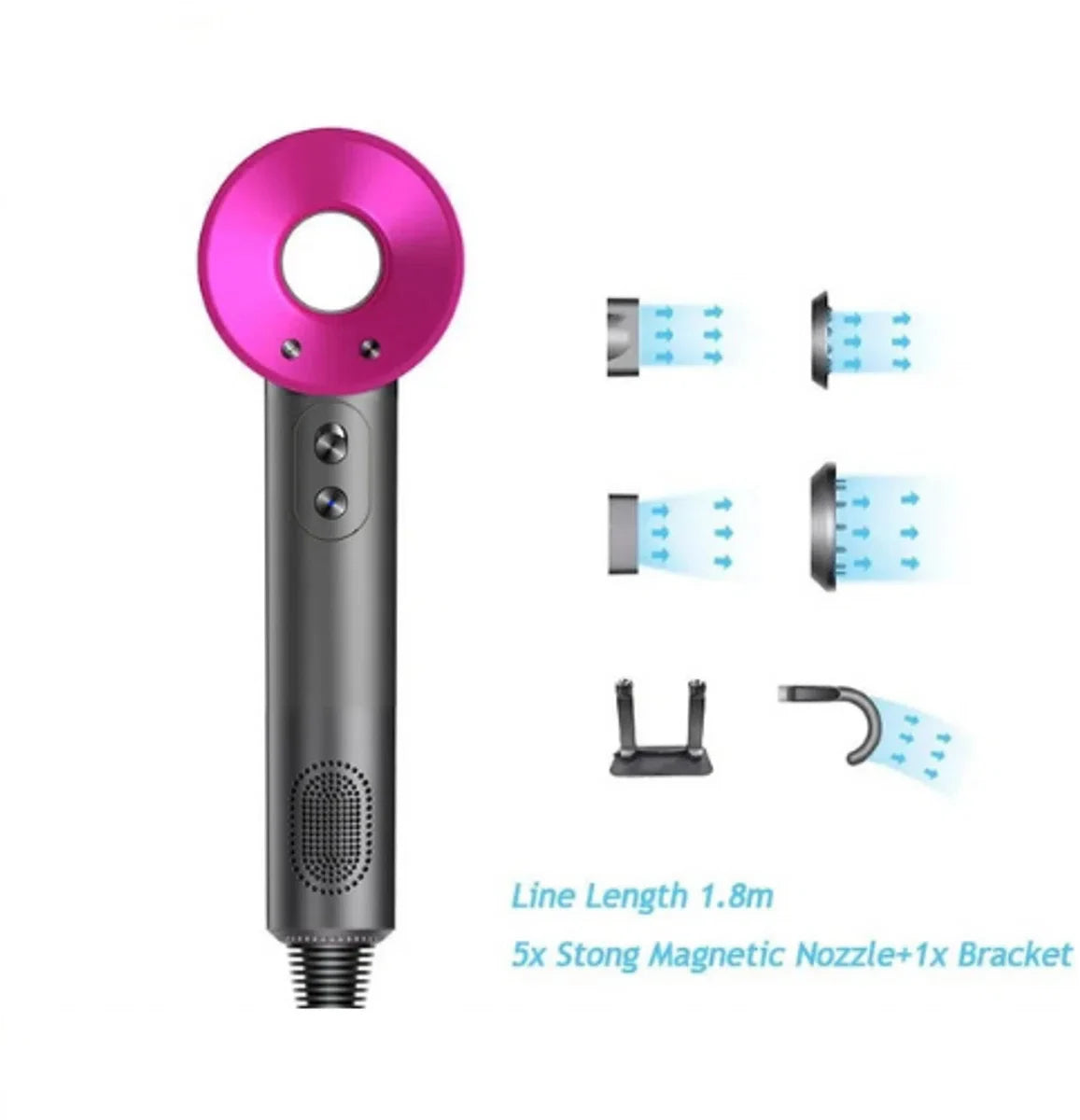 Föhn met Diffuser - Ionische Haardroger - Professionele Haardroger - Rijk uitgerust - Inclusief 6 accessoires - 3 Standen - Roze