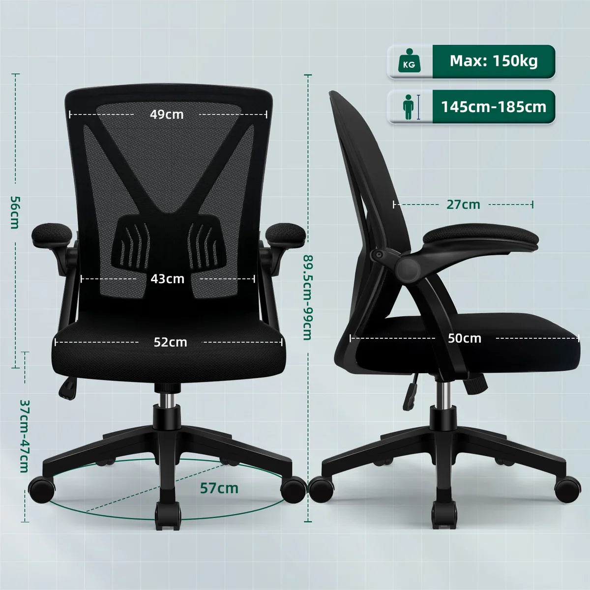 Ergonomische Bureaustoel - Bureaustoel - Bureaustoelen voor Volwassenen - 150 kg - Zwart