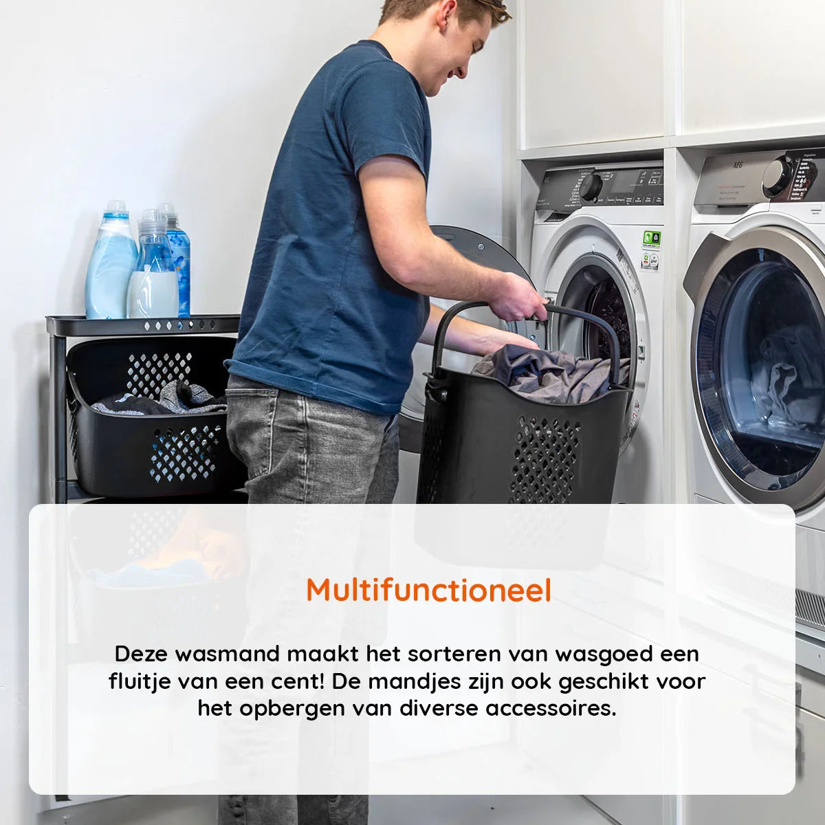 3-in-1 wasmand – Inhoud Grote Mand 38 L - Inhoud Kleine Mand 22 L – Wasbox organizer – Wassorteerder met 3 vakken – Kunststof – Zwart
